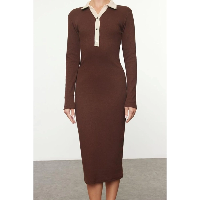 Women Fashion Midi Length Button Down Collar Slim Color Block Bodycone Fitted Snap Detail Knit Dress