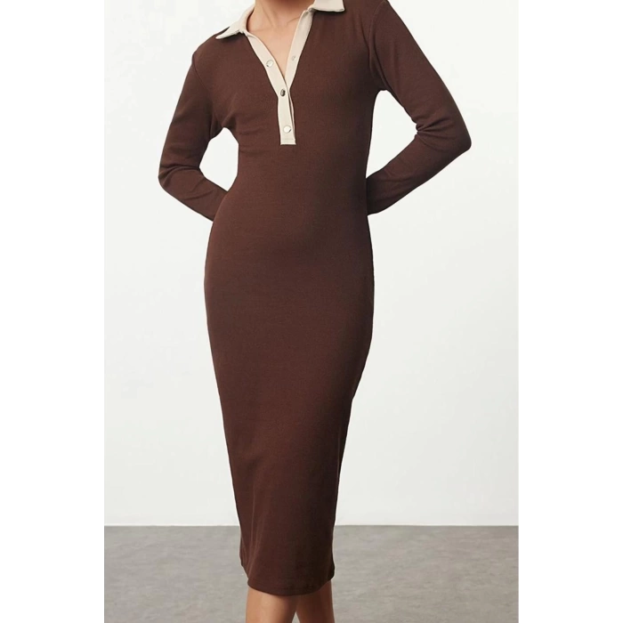 Women Fashion Midi Length Button Down Collar Slim Color Block Bodycone Fitted Snap Detail Knit Dress