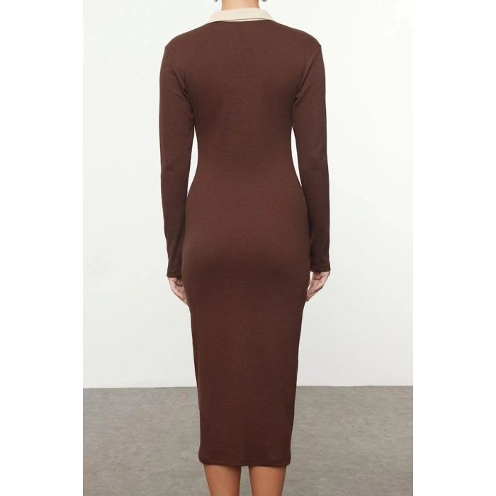 Women Fashion Midi Length Button Down Collar Slim Color Block Bodycone Fitted Snap Detail Knit Dress