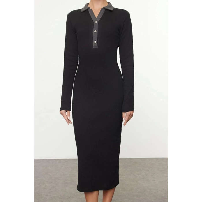 Women Fashion Midi Length Button Down Collar Slim Color Block Bodycone Fitted Snap Detail Knit Dress