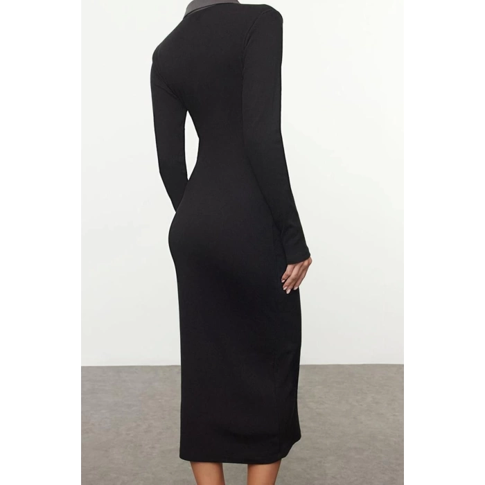 Women Fashion Midi Length Button Down Collar Slim Color Block Bodycone Fitted Snap Detail Knit Dress