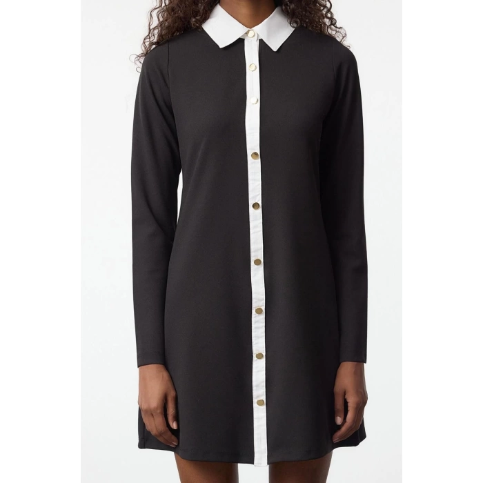 Women Fashion Stylish Mini Length Button-Down Collar Regular Color Block Button Detail Knitted Dress