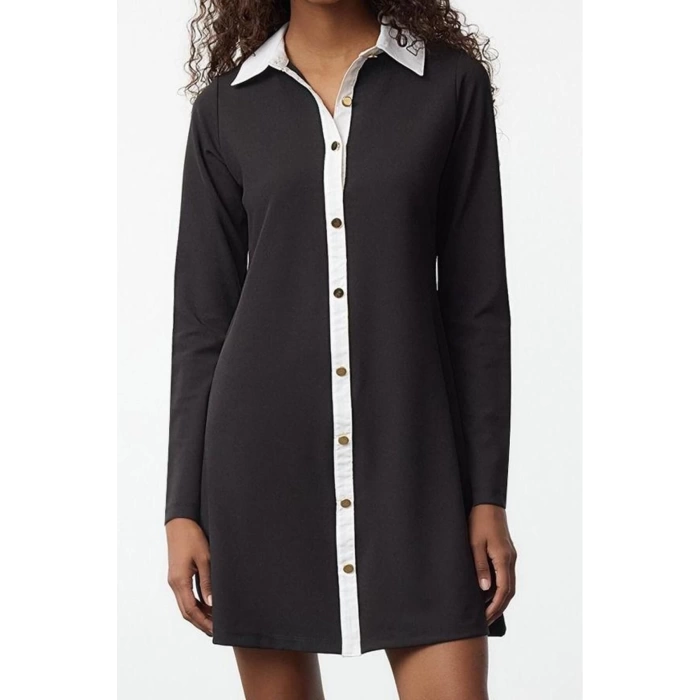 Women Fashion Stylish Mini Length Button-Down Collar Regular Color Block Button Detail Knitted Dress