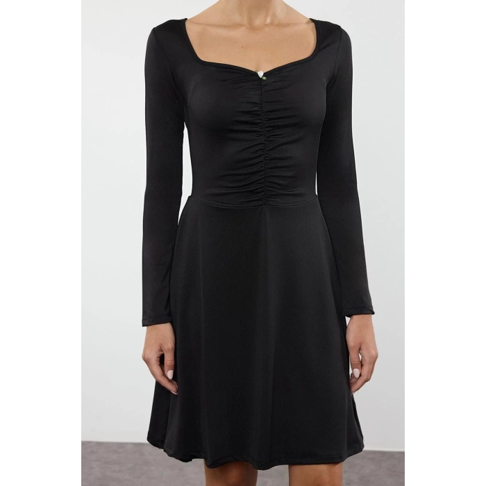 Women Fashion Mini Length Sweetheart Neck Relaxed Lined Skater Floral Detailed Gathered Draped Flexible Knit Dress