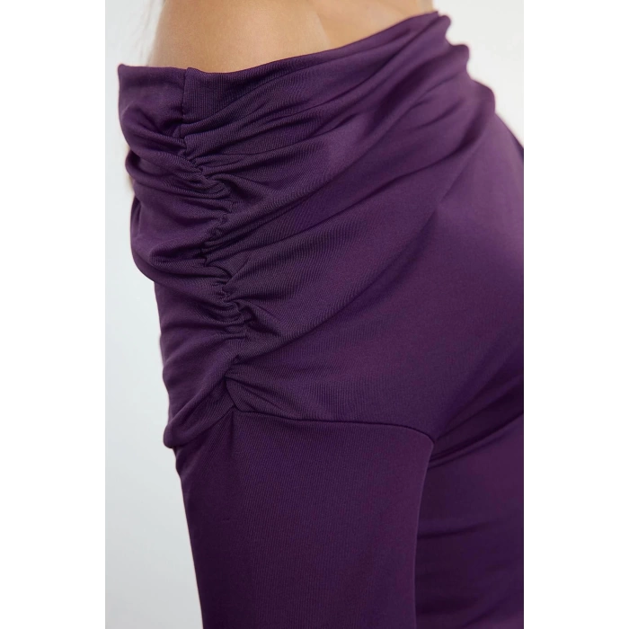 Kadın Moda Şık Midi Boy Asimetrik Yaka Slim Fitted Vücuda Oturan Örme Elbise