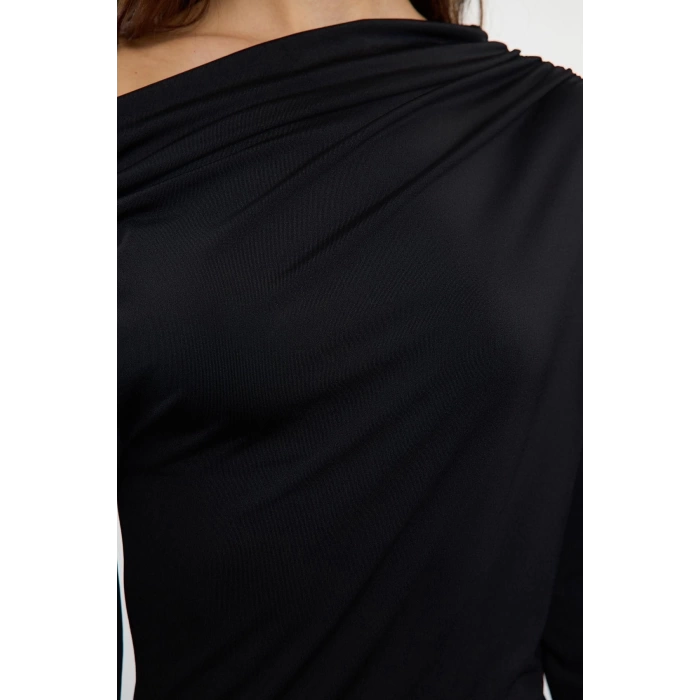 Kadın Moda Şık Midi Boy Asimetrik Yaka Slim Fitted Vücuda Oturan Örme Elbise