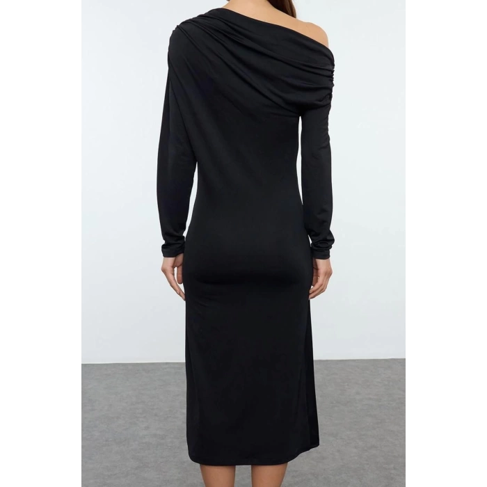 Kadın Moda Şık Midi Boy Asimetrik Yaka Slim Fitted Vücuda Oturan Örme Elbise