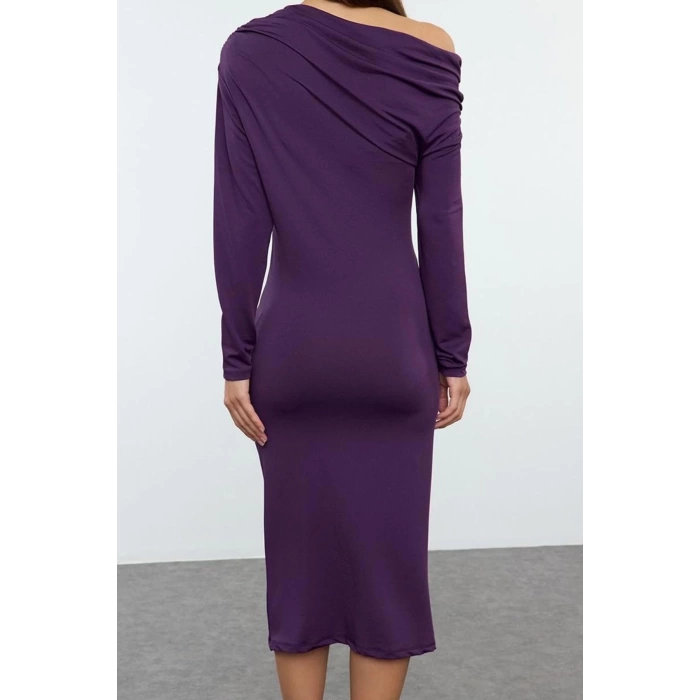 Kadın Moda Şık Midi Boy Asimetrik Yaka Slim Fitted Vücuda Oturan Örme Elbise