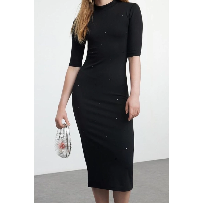 Women Fashion Stylish Midi Length Stand Collar Slim Stone Detailed Three Quarter Sleeve Bodycone Knitted Dress