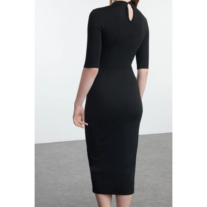 Women Fashion Stylish Midi Length Stand Collar Slim Stone Detailed Three Quarter Sleeve Bodycone Knitted Dress