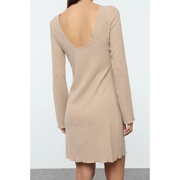Kadın Moda Şık Mini Boy Kayık Yaka Slim Düz Sırt Dekolteli Örme Elbise