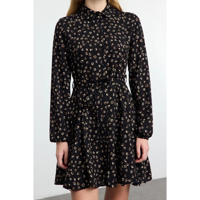 Women Fashion Stylish Mini Length Shirt Collar Regular Belted Animal Woven Dress