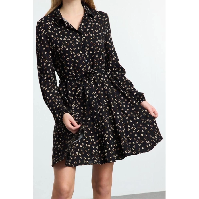 Women Fashion Stylish Mini Length Shirt Collar Regular Belted Animal Woven Dress