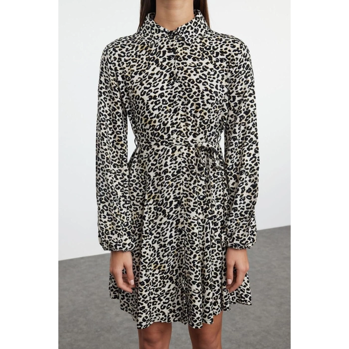 Women Fashion Stylish Mini Length Shirt Collar Regular Belted Animal Woven Dress