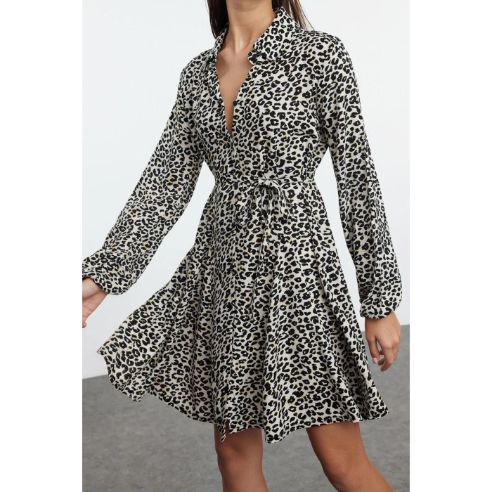 Women Fashion Stylish Mini Length Shirt Collar Regular Belted Animal Woven Dress