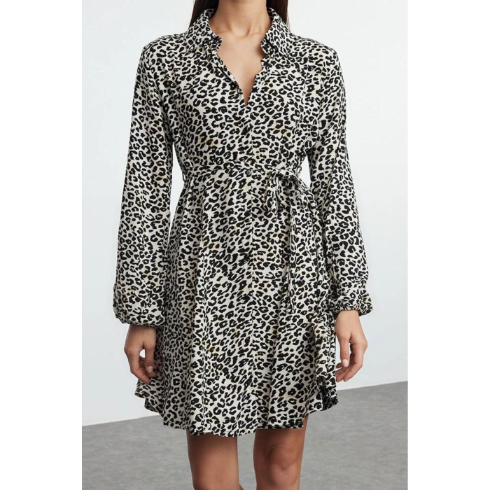 Women Fashion Stylish Mini Length Shirt Collar Regular Belted Animal Woven Dress