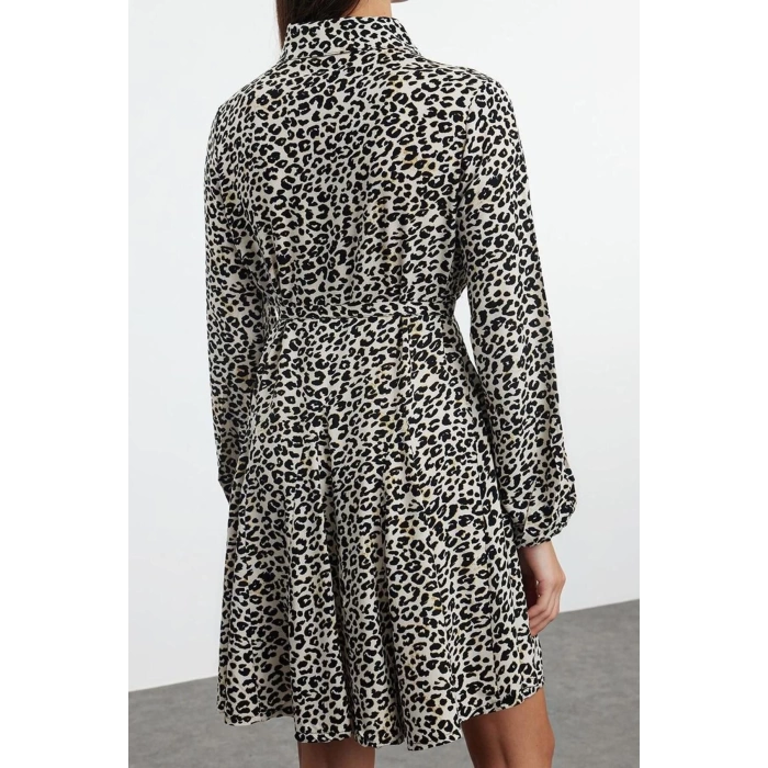 Women Fashion Stylish Mini Length Shirt Collar Regular Belted Animal Woven Dress