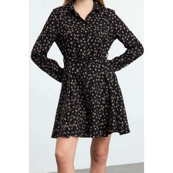 Women Fashion Stylish Mini Length Shirt Collar Regular Belted Animal Woven Dress