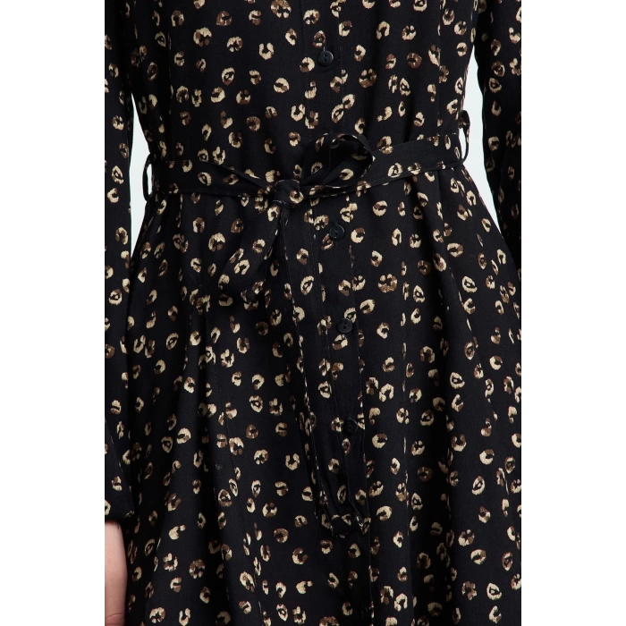 Women Fashion Stylish Mini Length Shirt Collar Regular Belted Animal Woven Dress