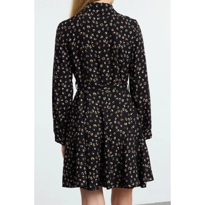 Women Fashion Stylish Mini Length Shirt Collar Regular Belted Animal Woven Dress