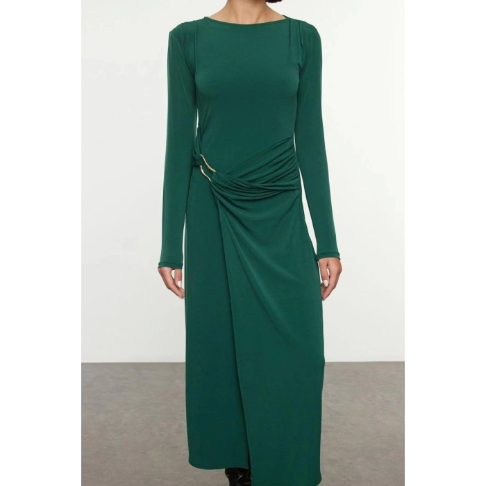 Women Fashion Stylish Maxi Length Boat Neck Slim Accessory Detailed Fitted Body Knitted Dress