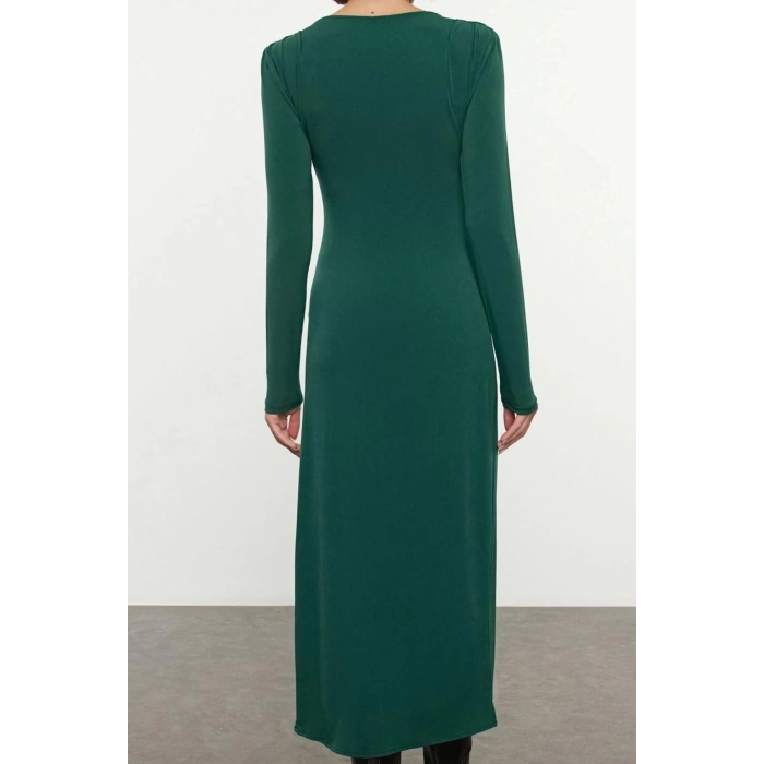 Women Fashion Stylish Maxi Length Boat Neck Slim Accessory Detailed Fitted Body Knitted Dress