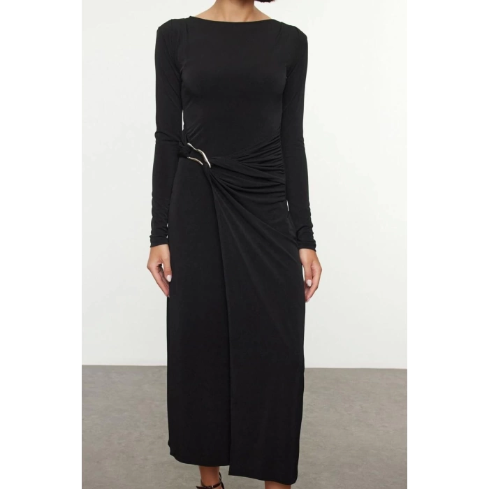 Women Fashion Stylish Maxi Length Boat Neck Slim Accessory Detailed Fitted Body Knitted Dress