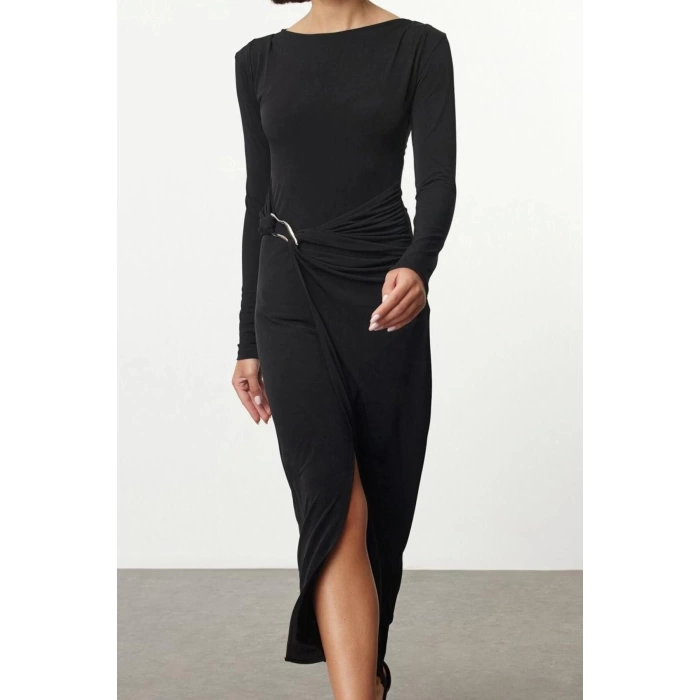Women Fashion Stylish Maxi Length Boat Neck Slim Accessory Detailed Fitted Body Knitted Dress