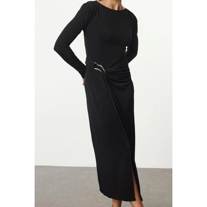 Women Fashion Stylish Maxi Length Boat Neck Slim Accessory Detailed Fitted Body Knitted Dress