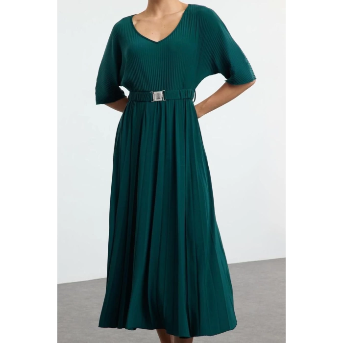 Women Fashion Stylish Maxi Length V Neck Regular Skater Belted Three Quarter Sleeve Flexible Knitted Dress
