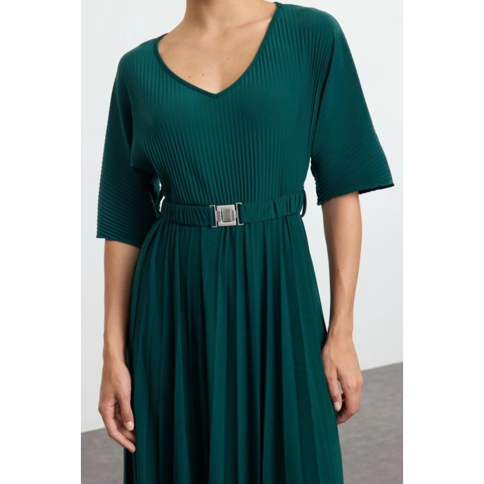 Women Fashion Stylish Maxi Length V Neck Regular Skater Belted Three Quarter Sleeve Flexible Knitted Dress