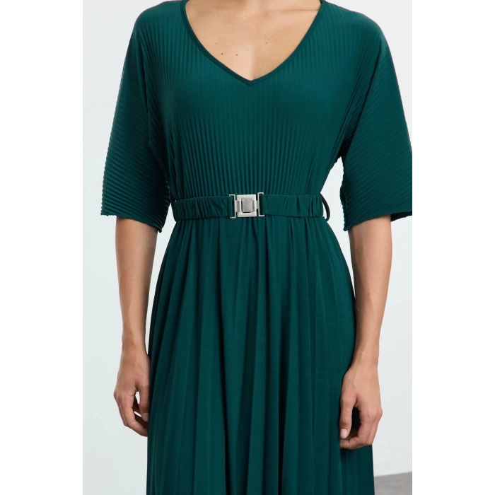 Women Fashion Stylish Maxi Length V Neck Regular Skater Belted Three Quarter Sleeve Flexible Knitted Dress