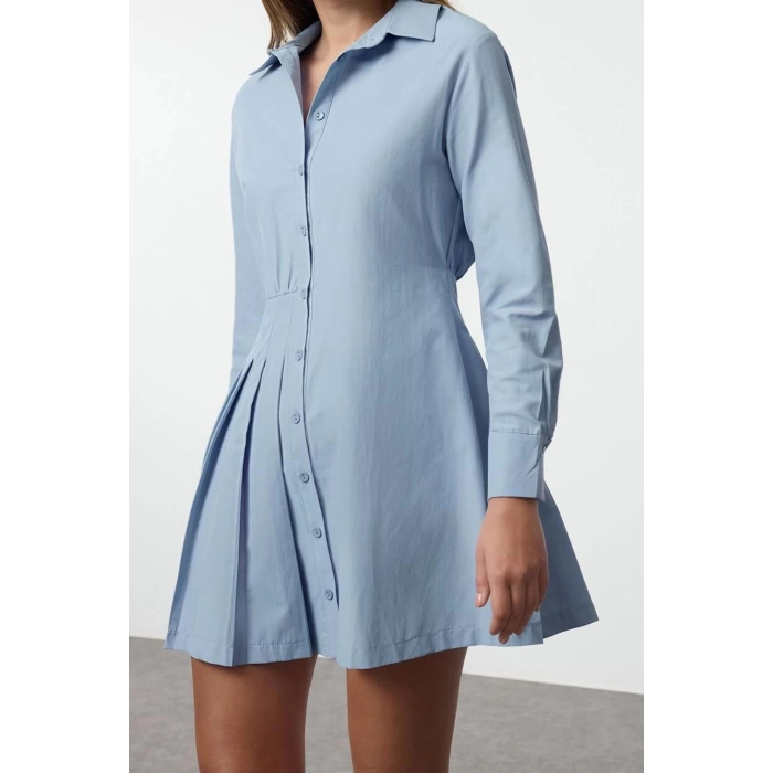 Kadın Moda Şık Mini Boy Gömlek Yaka Regular Pili Detaylı Düz Dokuma Gömlek Elbise