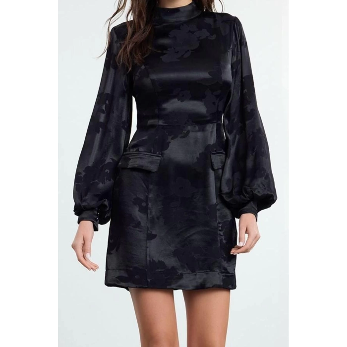 Women Fashion Stylish Mini Length Stand Collar Regular A Cut Balloon Sleeve Jacquard Satin Woven Dress