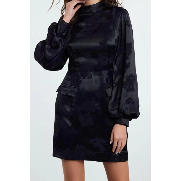 Women Fashion Stylish Mini Length Stand Collar Regular A Cut Balloon Sleeve Jacquard Satin Woven Dress