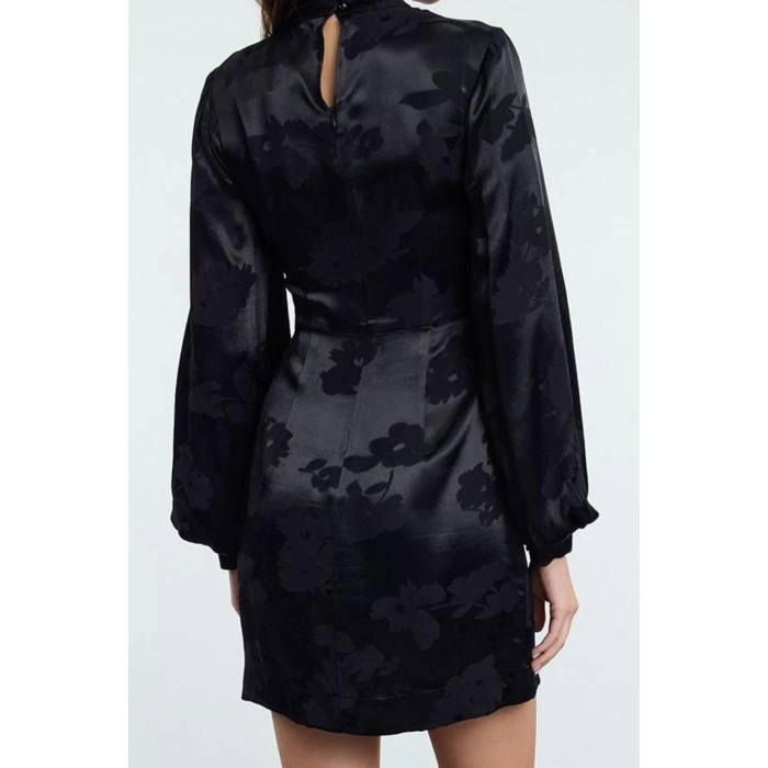 Women Fashion Stylish Mini Length Stand Collar Regular A Cut Balloon Sleeve Jacquard Satin Woven Dress