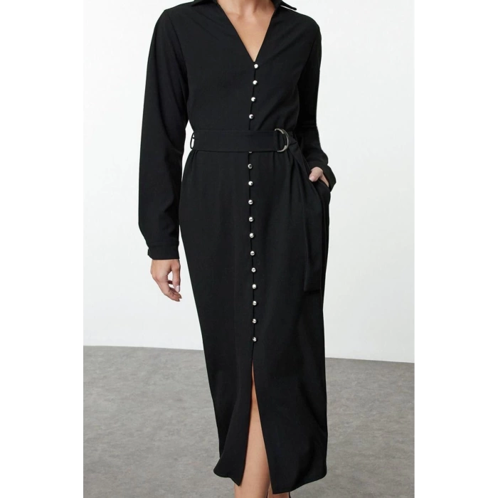 Women Fashion Stylish Maxi Length Shirt Collar Regular Belted Button Detailed Woven Dress