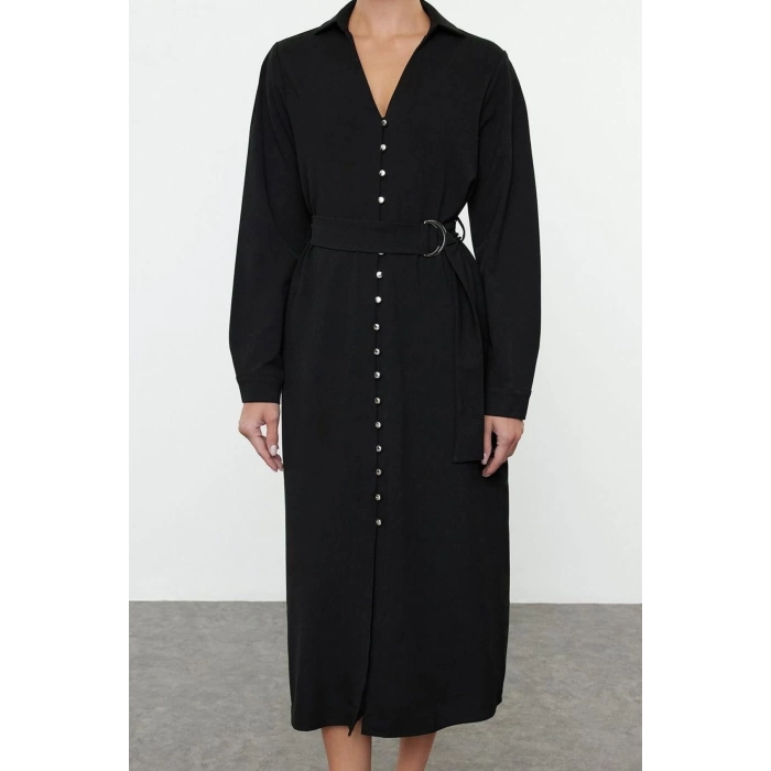 Women Fashion Stylish Maxi Length Shirt Collar Regular Belted Button Detailed Woven Dress