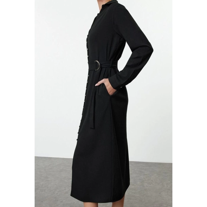 Women Fashion Stylish Maxi Length Shirt Collar Regular Belted Button Detailed Woven Dress