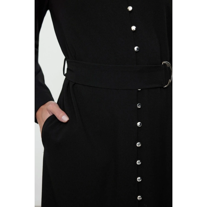 Women Fashion Stylish Maxi Length Shirt Collar Regular Belted Button Detailed Woven Dress