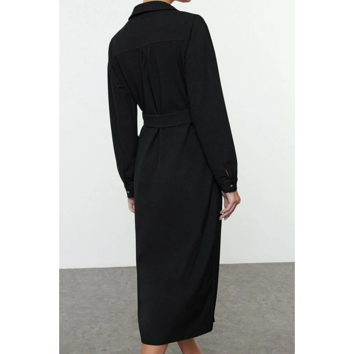 Women Fashion Stylish Maxi Length Shirt Collar Regular Belted Button Detailed Woven Dress