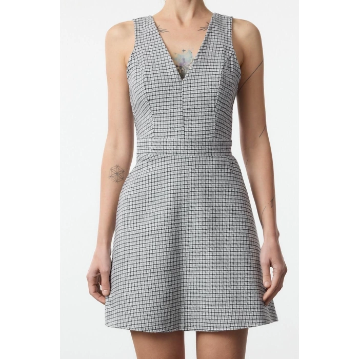 Kadın Moda Şık Mini Boy V Yaka Regular Ekose Kareli Dokuma Elbise