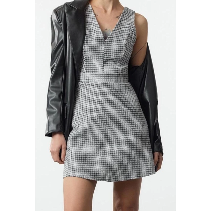Kadın Moda Şık Mini Boy V Yaka Regular Ekose Kareli Dokuma Elbise