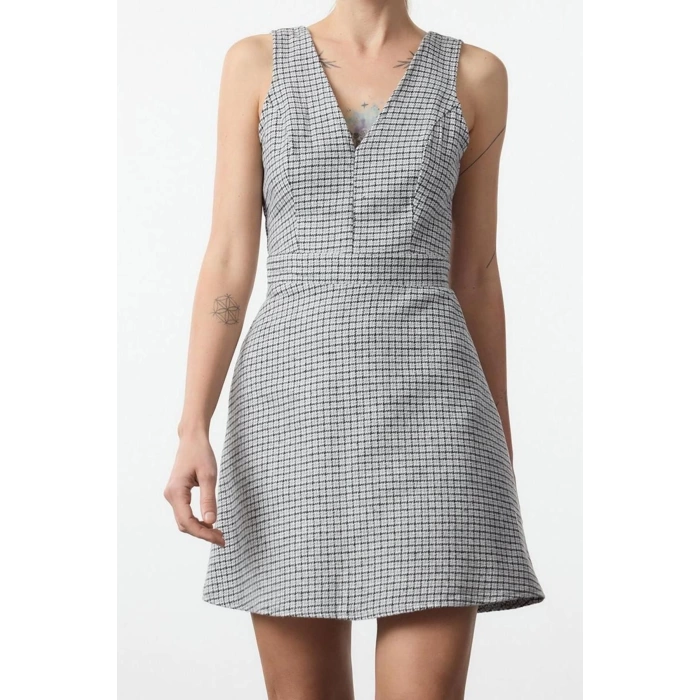 Kadın Moda Şık Mini Boy V Yaka Regular Ekose Kareli Dokuma Elbise