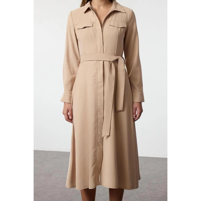 Women Fashion Midi Length Shirt Collar Regular Belted A Cut Premium Fabric Zipper Detail Shirt Dress