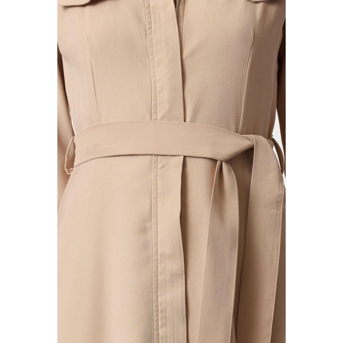 Women Fashion Midi Length Shirt Collar Regular Belted A Cut Premium Fabric Zipper Detail Shirt Dress