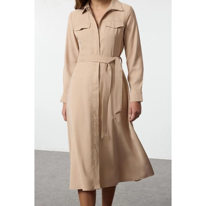 Women Fashion Midi Length Shirt Collar Regular Belted A Cut Premium Fabric Zipper Detail Shirt Dress