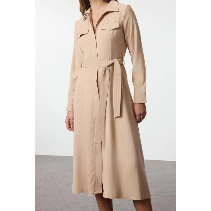 Women Fashion Midi Length Shirt Collar Regular Belted A Cut Premium Fabric Zipper Detail Shirt Dress