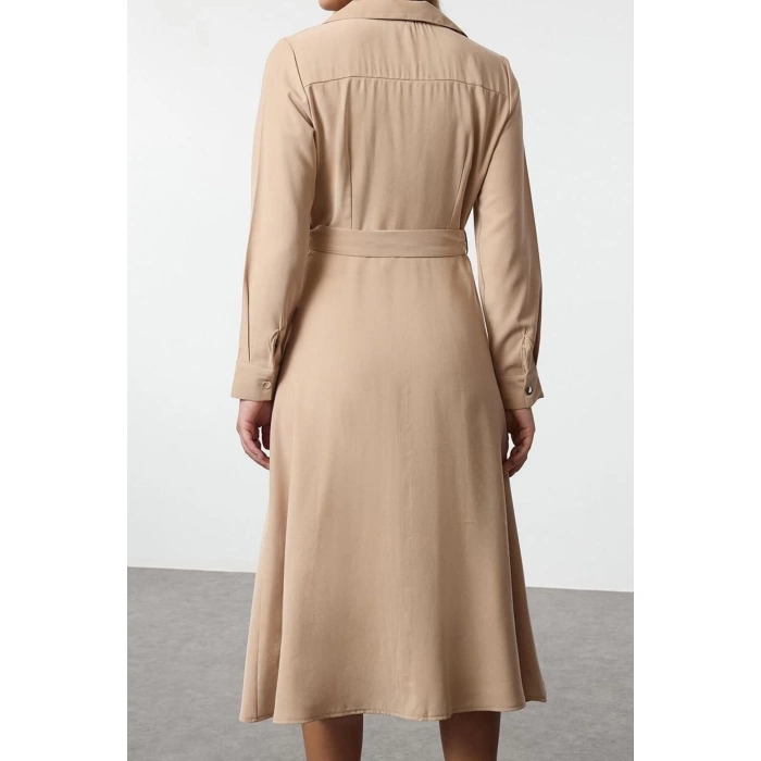 Women Fashion Midi Length Shirt Collar Regular Belted A Cut Premium Fabric Zipper Detail Shirt Dress