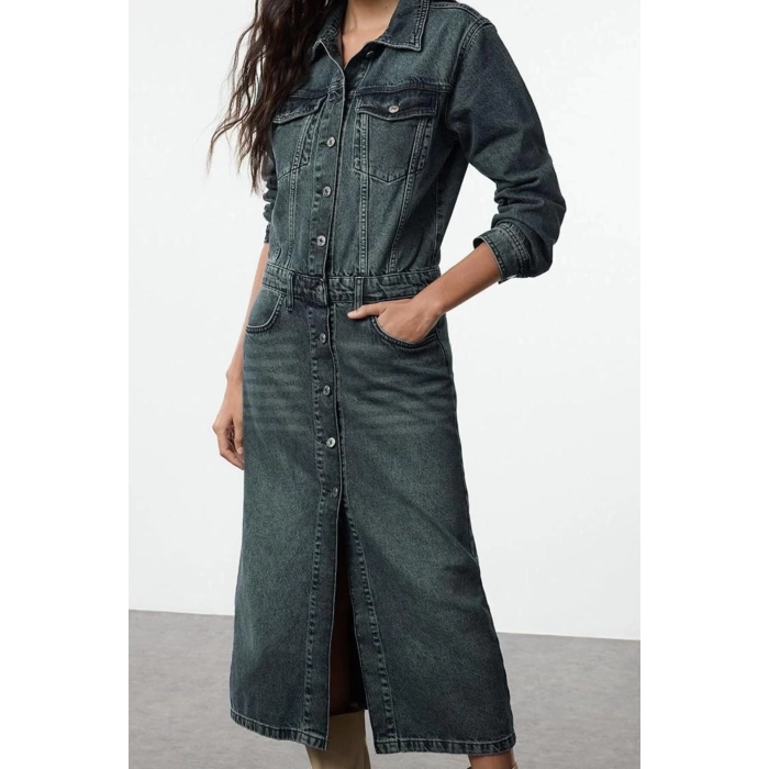 Women Fashion Stylish Midi Length Jacket Collar Denim Shirt Dress